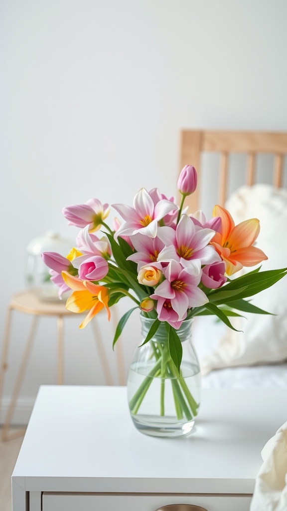 A vase with colorful fresh flowers on a nightstand beside a bed