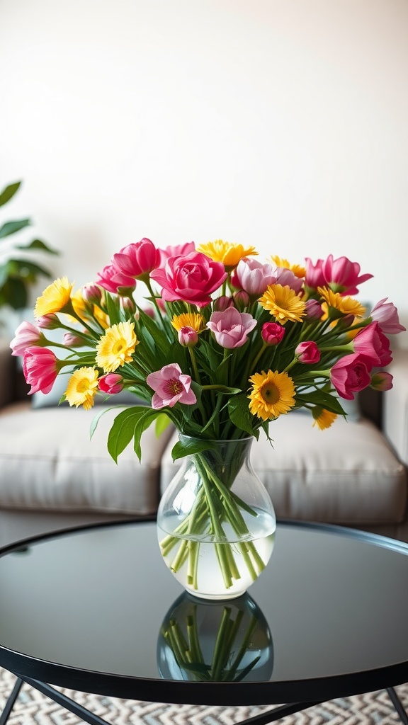 A vibrant floral arrangement with pink tulips, yellow daisies, and other flowers in a clear vase on a glass coffee table.