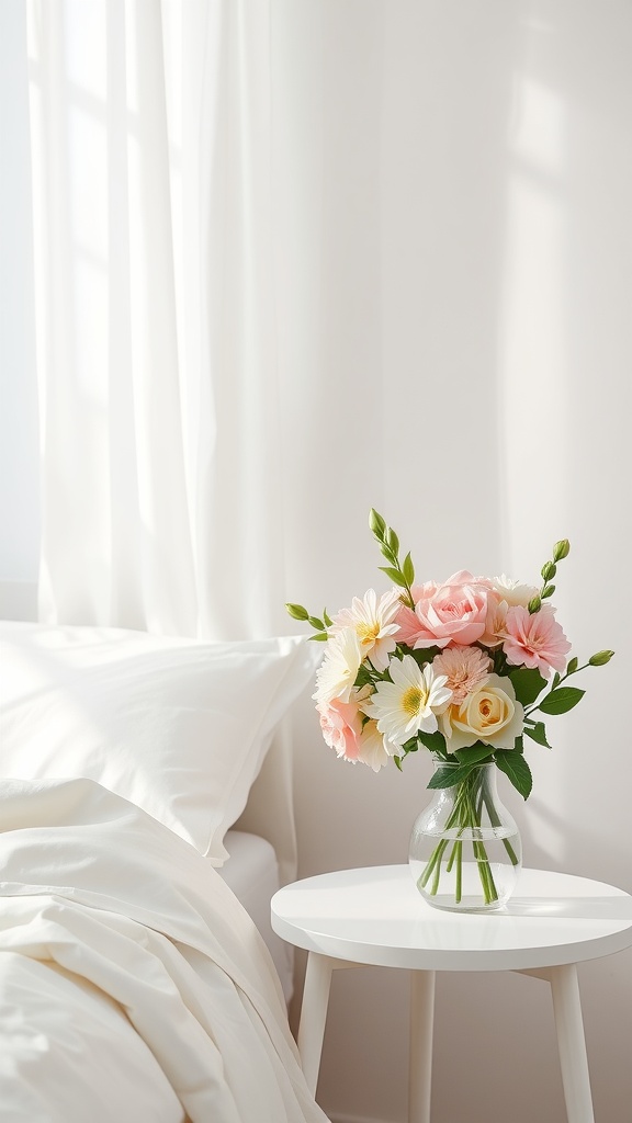 A vase of fresh flowers on a bedside table next to a neatly made bed