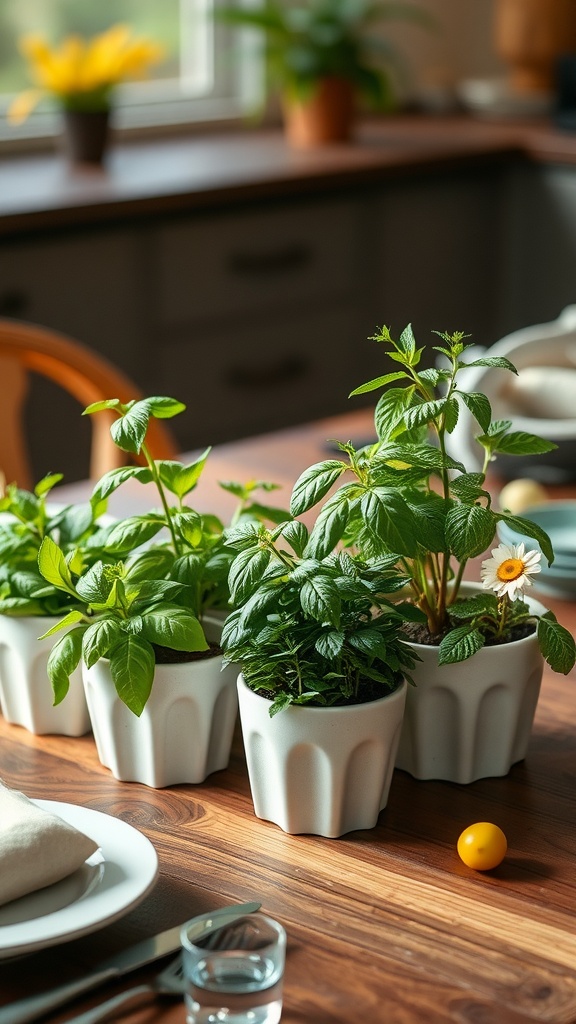 Fresh herb planters arranged on a wooden dining table with plates and cutlery