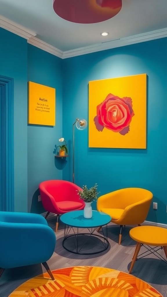 A bright and colorful room with a blue wall, colorful chairs, and artwork featuring a flower.