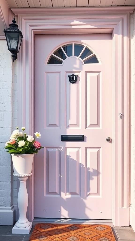 A peach front door with pink trim and a floral wreath, flanked by potted flowers, and a decorative doormat.