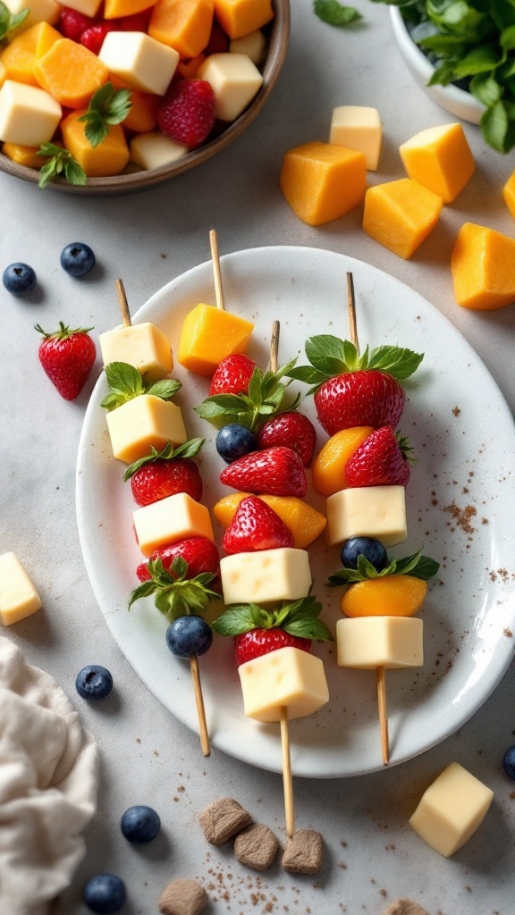 Fruit and cheese kabobs with strawberries, cheese cubes, and blueberries on a plate