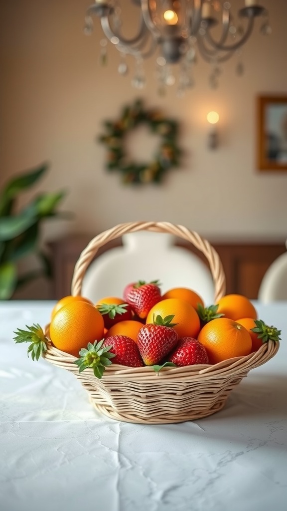 Colorful fruit basket with oranges and strawberries on a dining table