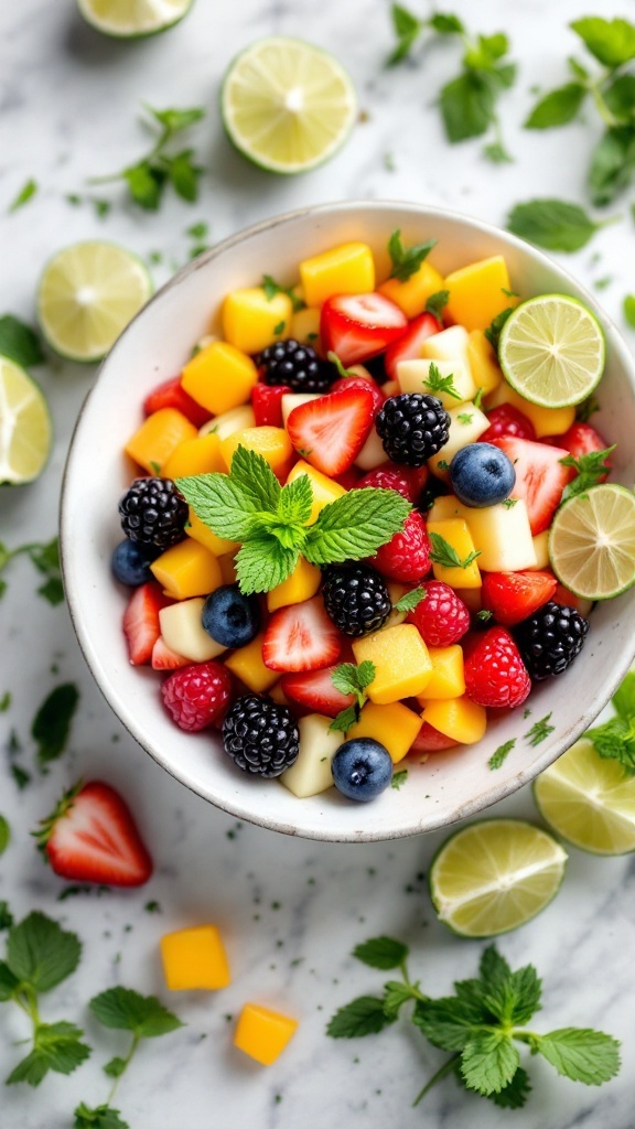 A colorful fruit salad with various berries, mango, and mint leaves.