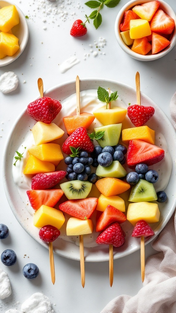 Colorful fruit skewers with a yogurt dip on a plate.