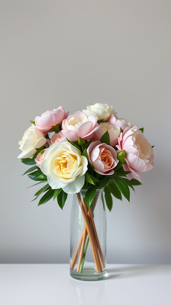 A bouquet of gardenias and peonies in a glass vase