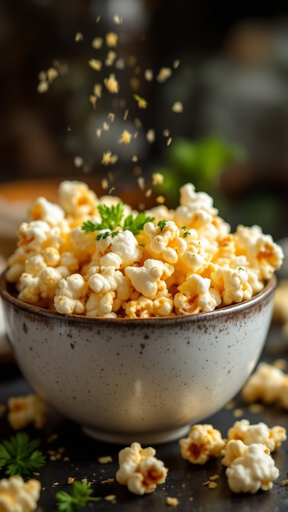 A bowl of garlic parmesan popcorn sprinkled with seasoning.