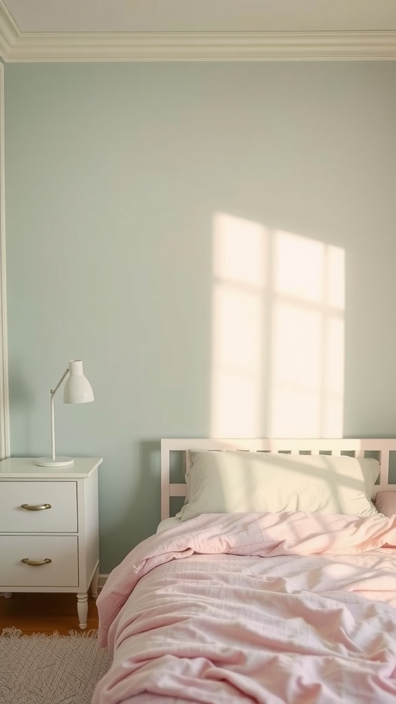 A light green wall with a pink bedspread and white furniture in a bedroom.