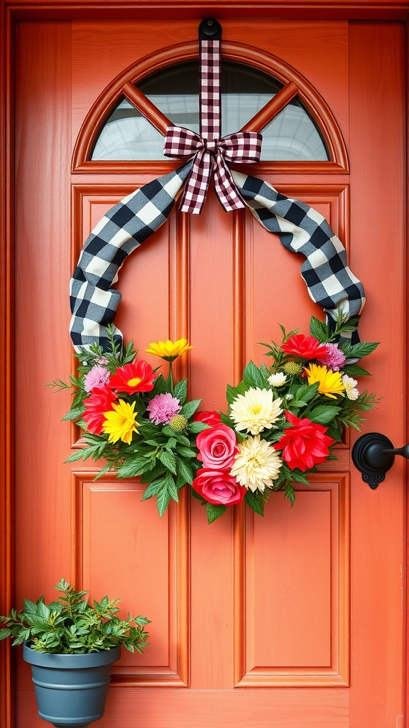 A colorful wreath with flowers and a black and white gingham ribbon on an orange front door.