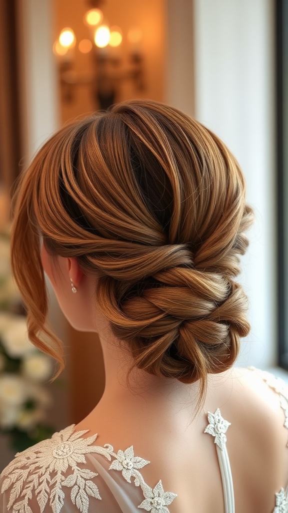 A bride's glamorous side bun hairstyle with bangs, showcasing an elegant and stylish look.