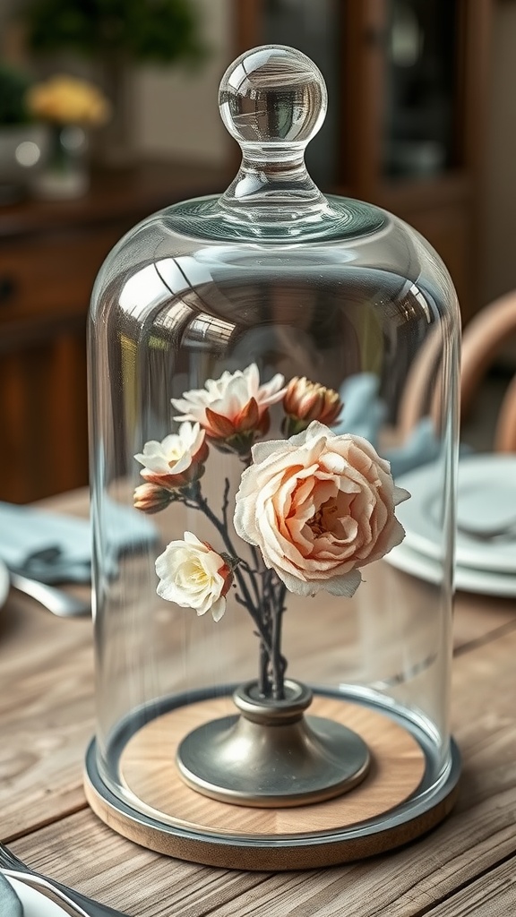 A glass cloche displaying white blossoms on a wooden base.