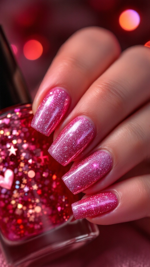 Close-up of glittery red Valentine's Day nails with heart decorations