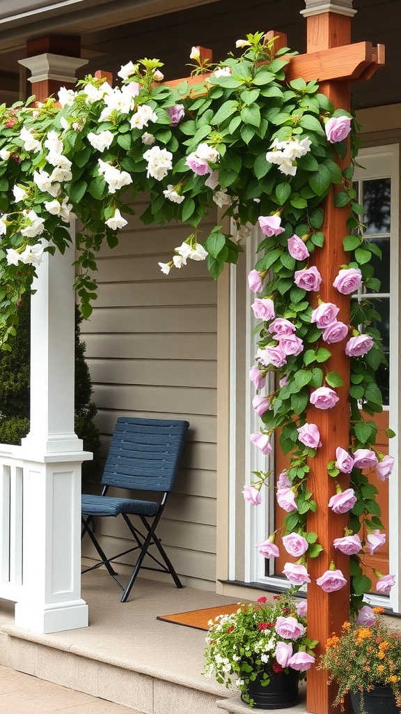 A beautifully designed trellis with climbing vines and flowers, enhancing a front porch.