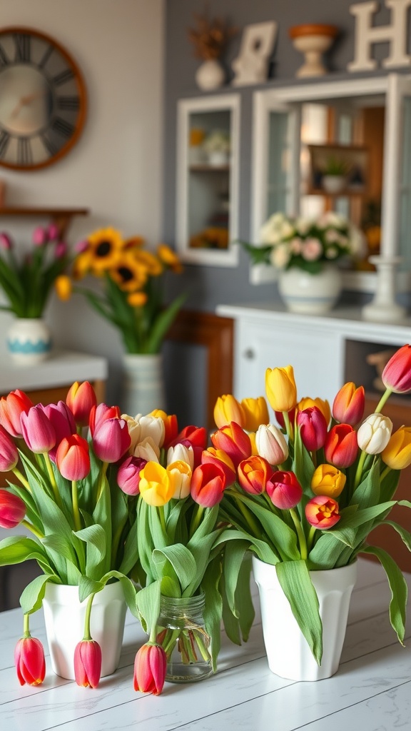 Brightly colored tulip arrangements in white pots on a table.