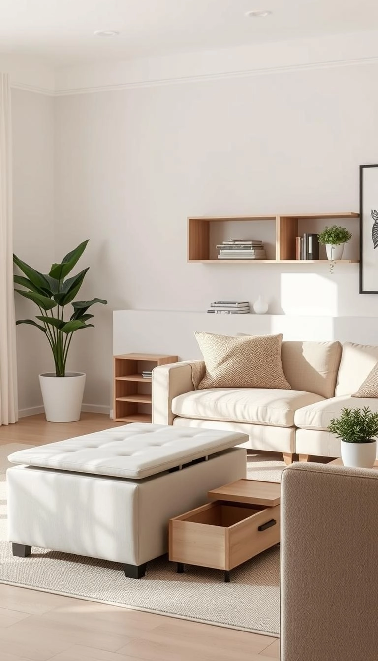 Minimalist living room with hidden storage solutions, featuring neutral colors and clutter-free design. Multi-functional furniture and plants create an organized, peaceful space.