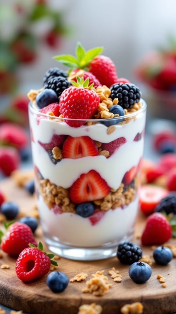 A delicious Greek yogurt parfait layered with fresh berries and granola.