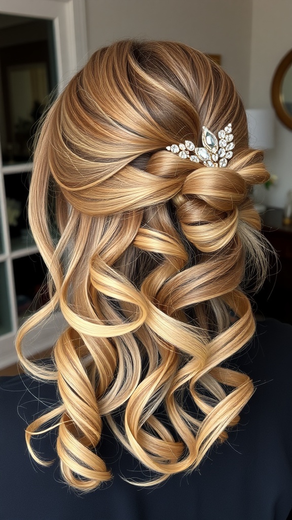 A beautiful half-up half-down hairstyle featuring flowing curls and an elegant hairpin.