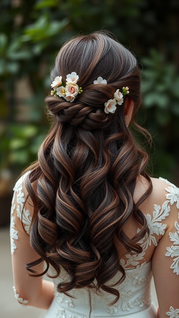 A beautiful half-up half-down wedding hairstyle adorned with flowers, featuring soft curls and intricate details.