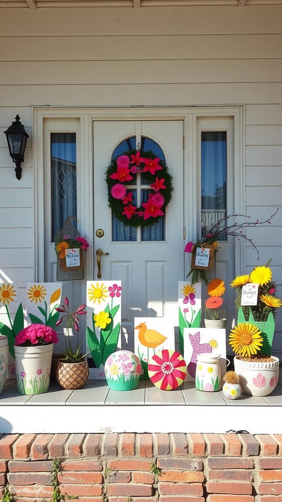 A colorful front porch decorated with hand-painted flower pots and signs, showcasing spring crafts.