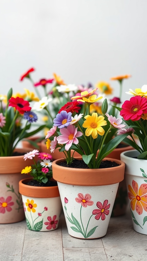 Colorful hand-painted terracotta pots filled with flowers