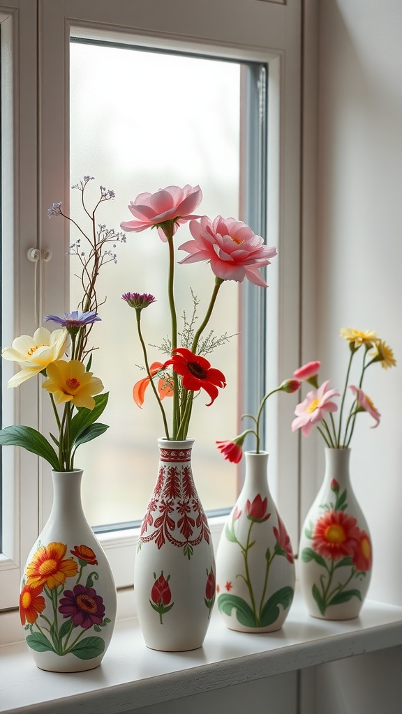 Four hand-painted vases with colorful flowers, displayed by a window.