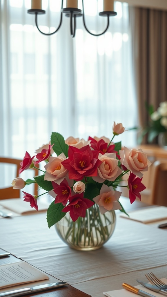 A beautiful arrangement of handcrafted paper flowers in a vase on a dining table.