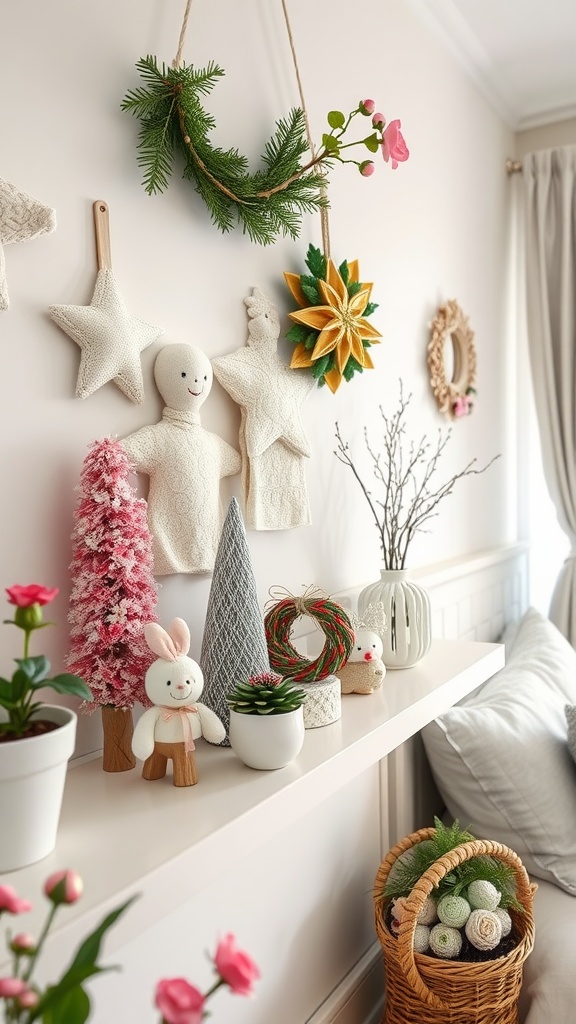 A cozy bedroom corner decorated with handcrafted spring decor, featuring soft pastel colors and playful designs.