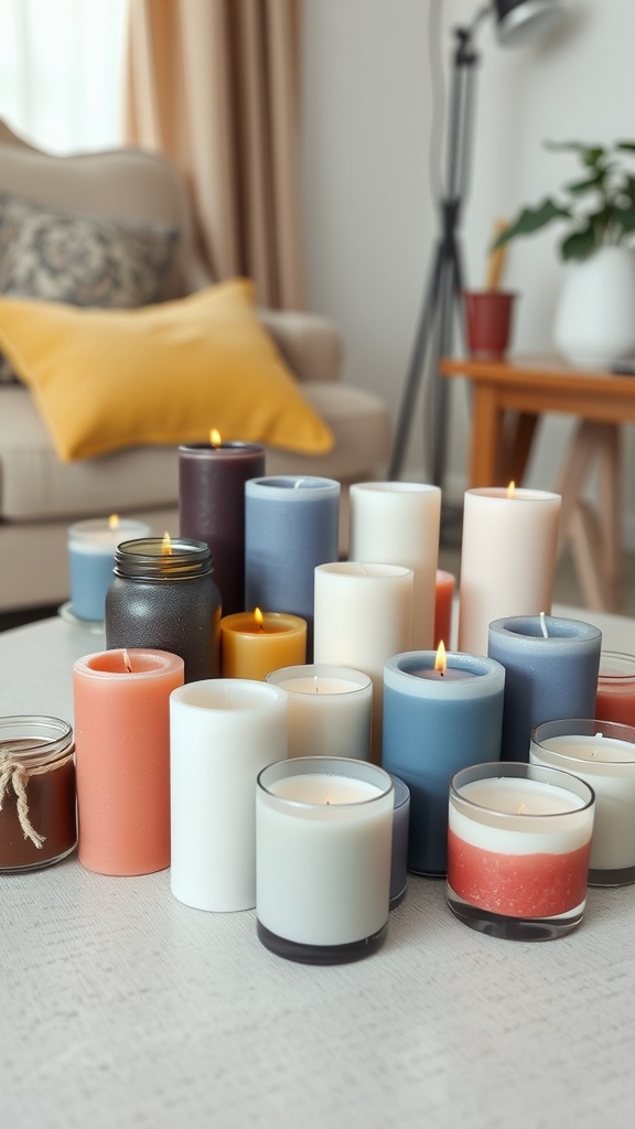 A collection of colorful handmade candles arranged on a table in a living room