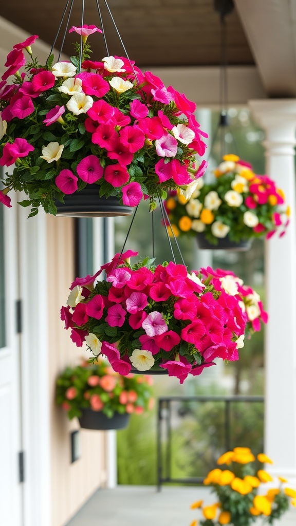 Hanging baskets filled with pink and white petunias on a front porch.