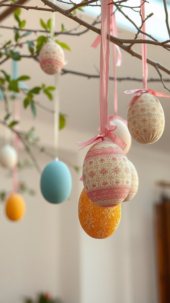 Colorfully decorated eggs hanging from a branch with ribbons.