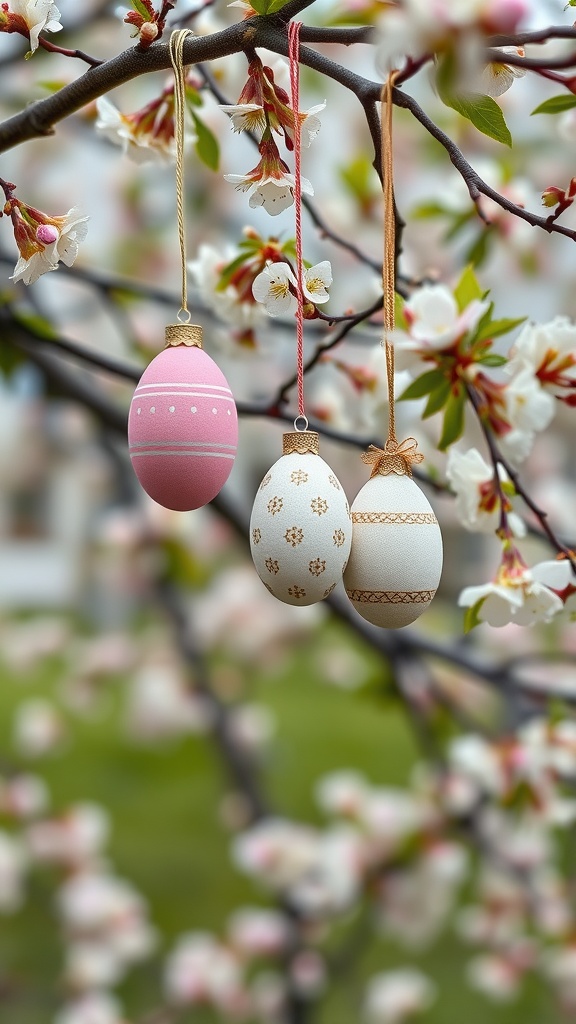 Colorful egg ornaments hanging from a tree branch with flowers.