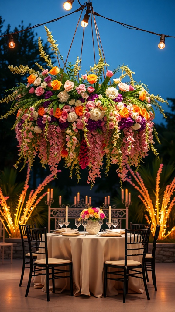 A beautiful hanging floral arrangement above a dining table, enhancing a romantic setting.