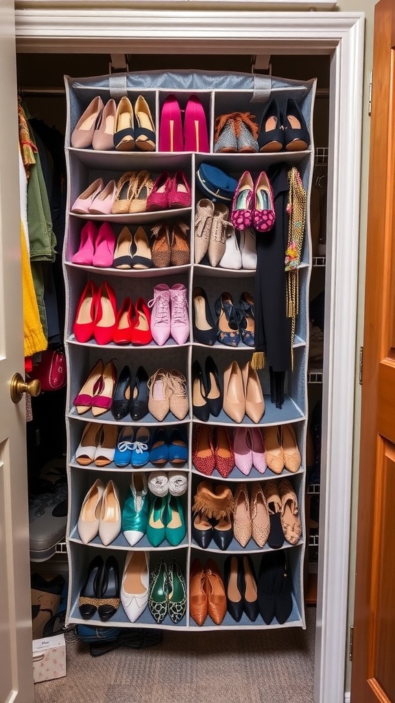 A hanging shoe organizer filled with various types of shoes in a closet.