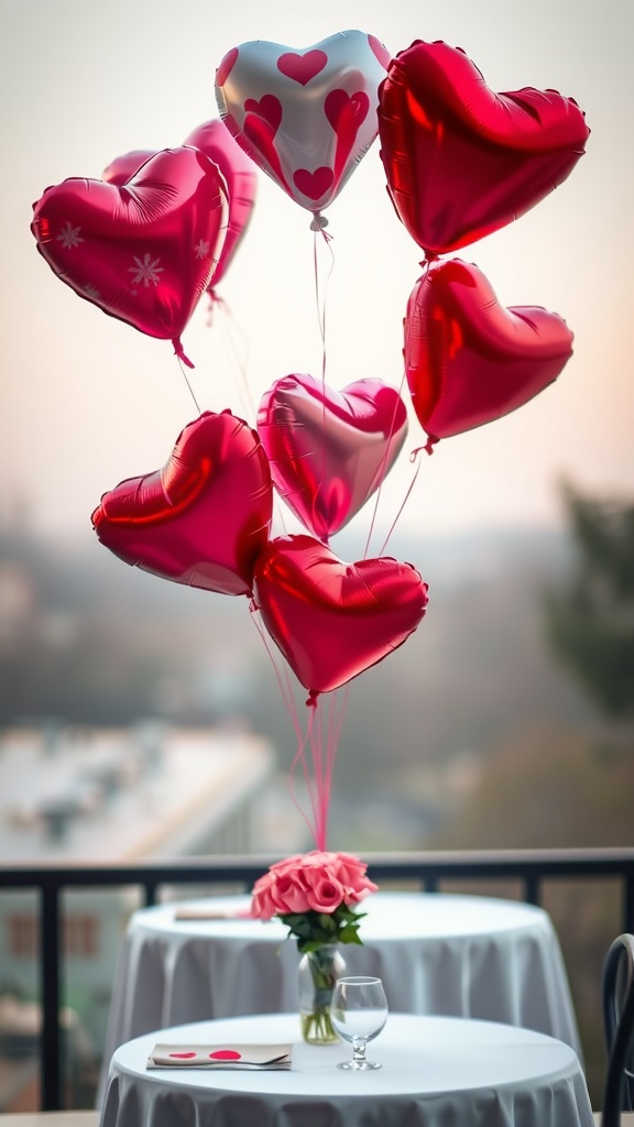 A bouquet of heart-shaped balloons in shades of red and white, with a small vase of pink roses on a table