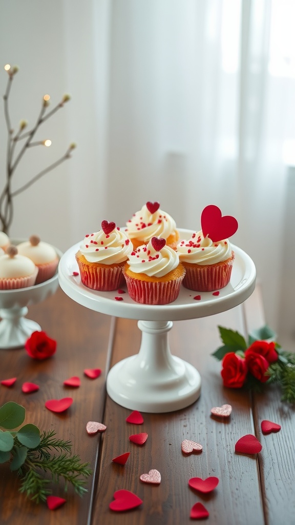 A heart-shaped cake stand displaying decorated cupcakes surrounded by red hearts and roses.