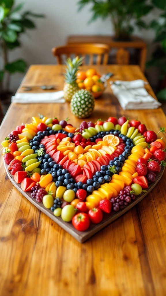 A heart-shaped fruit display featuring various fruits on a white table.