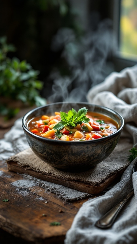 A steaming bowl of hearty vegetable soup garnished with fresh herbs.