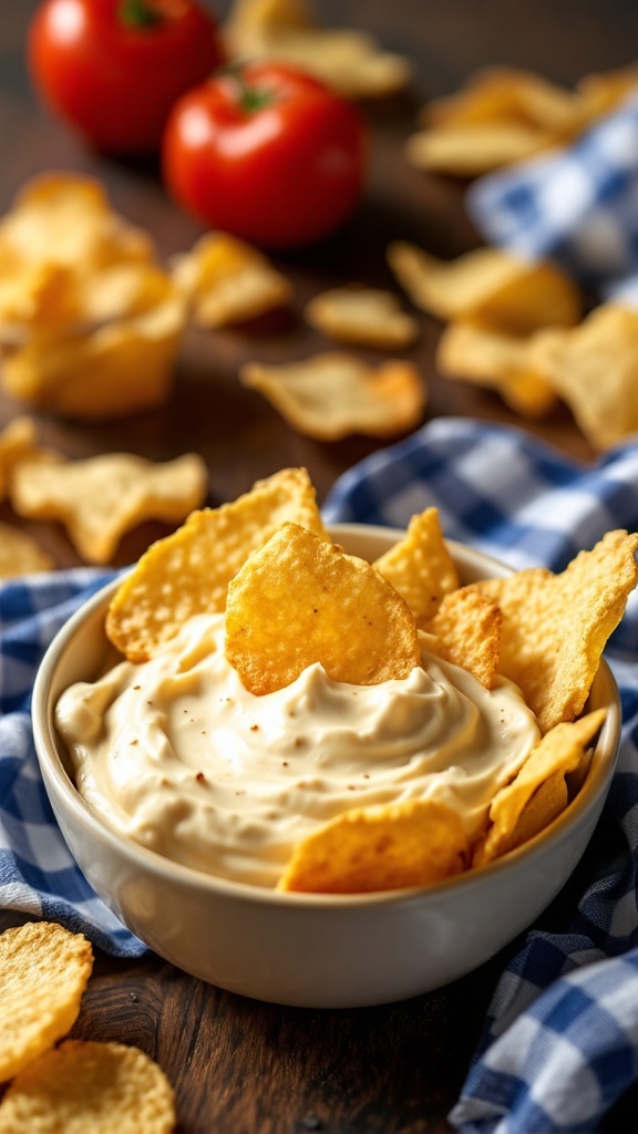 A bowl of homemade potato chips with creamy dip, garnished with spices, surrounded by more chips and fresh tomatoes.