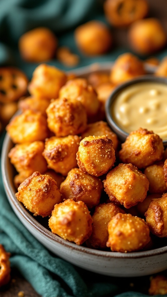 Bowl of honey mustard pretzel bites with a side of honey mustard dip