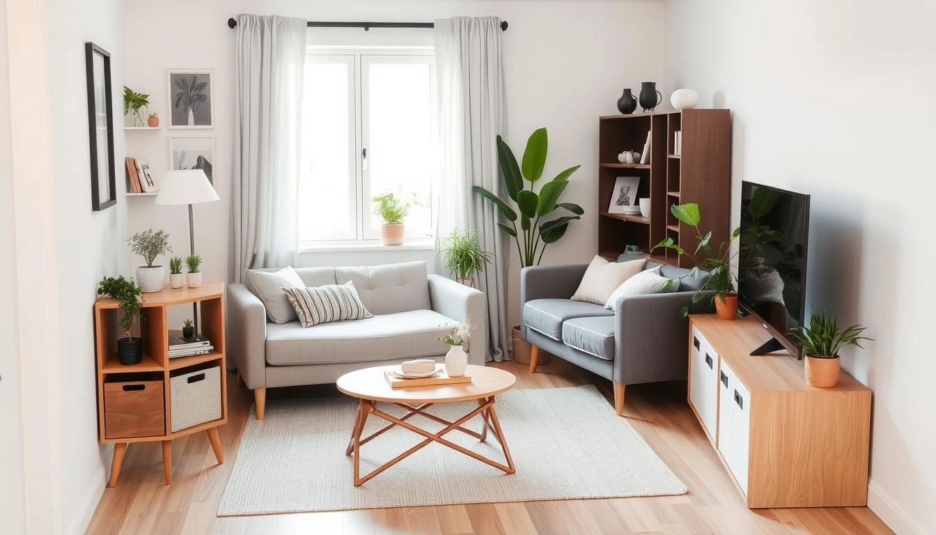 Small living room optimized with multifunctional furniture, including sofa bed and foldable table. Light walls, built-in storage, and natural light create an airy, minimalist space with plants.