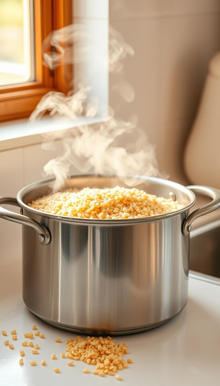 Steaming pot of fluffy golden quinoa on a minimalist kitchen counter, lit by warm natural light from nearby window.