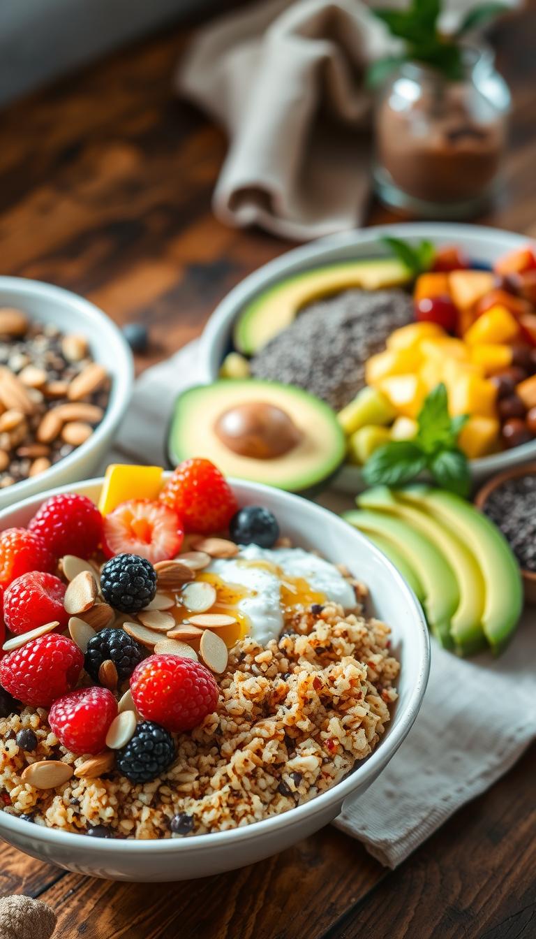 Colorful quinoa breakfast bowls topped with berries, nuts, avocado and mango, arranged on wooden table with natural lighting.