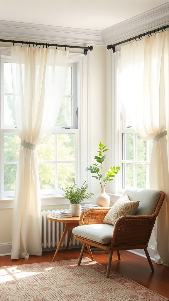 Cozy living space with sheer curtains and a comfortable chair beside a small table.