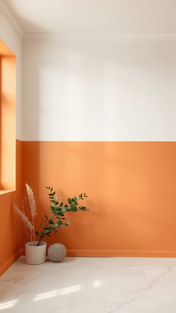 A cozy home aesthetic with orange and white painted walls and a plant.