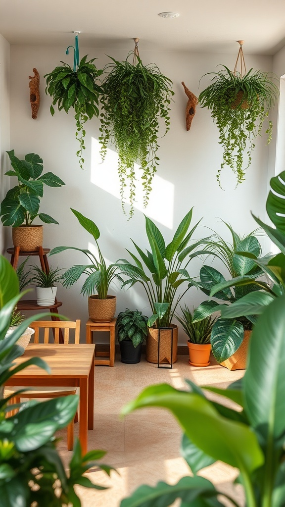 Cozy home interior with various plants and a wooden table