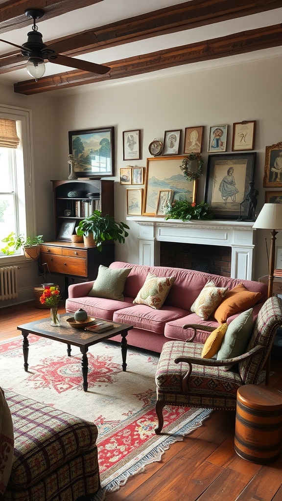 Cozy living room with vintage decor, including clocks, paintings, and warm lighting.