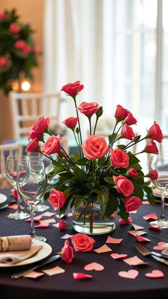 A romantic table setup with pink roses and heart-shaped decorations