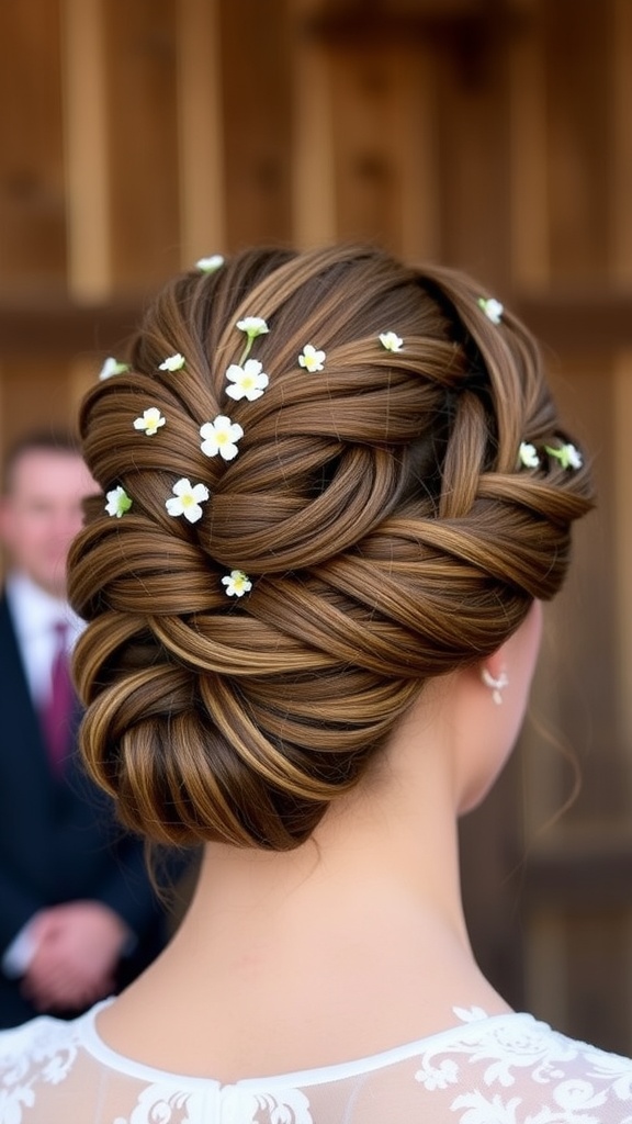 A beautiful intricate braided updo hairstyle for long hair, adorned with small white flowers.