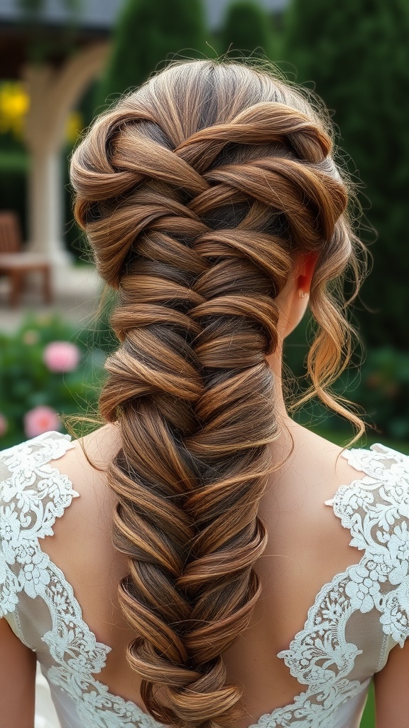 A detailed view of an intricate lace braid hairstyle for a wedding, featuring beautiful waves and a romantic look.